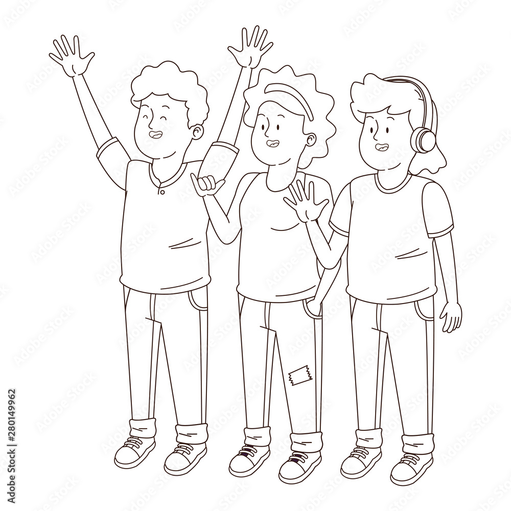 Teenagers friends smiling and greeting in black and white Teenagers friends smiling and greeting in black and white