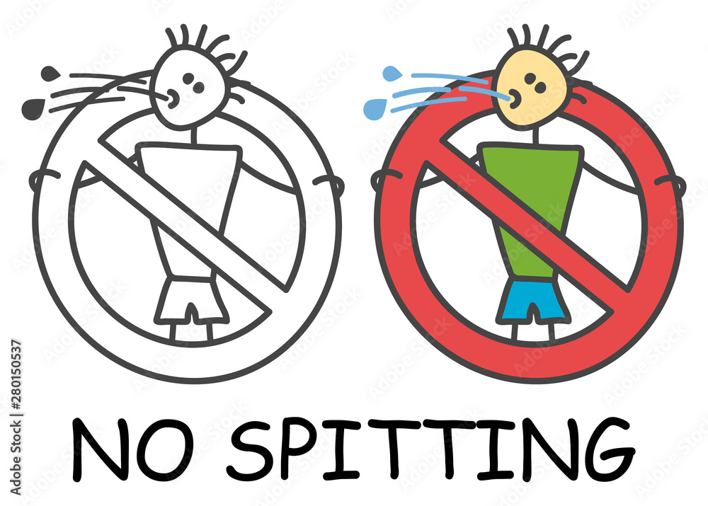 Funny vector spitting stick man in children's style. No spitting sign red prohibition. Stop symbol. Prohibition icon sticker for area places. Isolated on white background.
