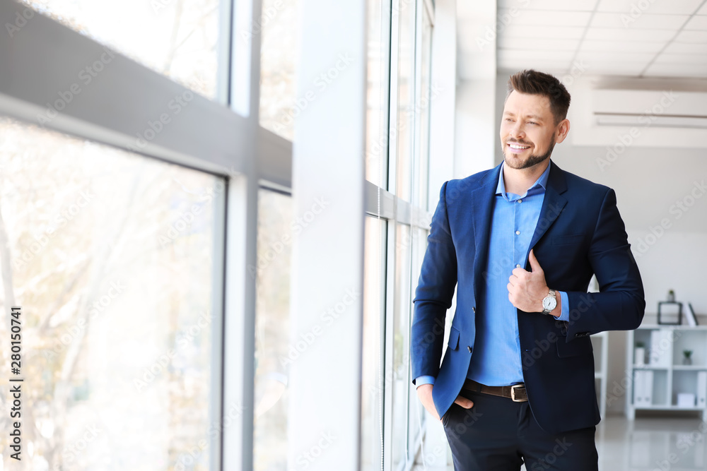 Portrait of handsome businessman near window in office