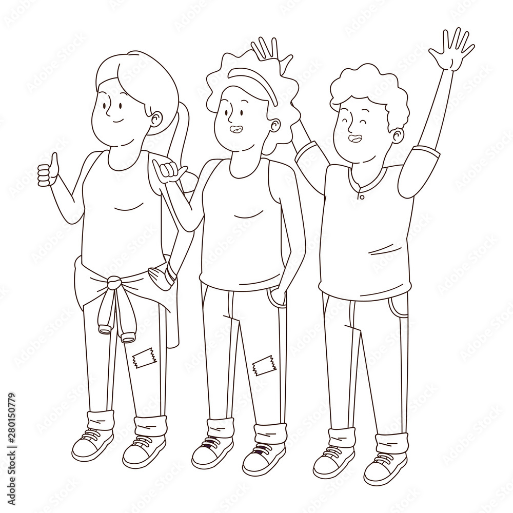 Teenagers friends smiling and greeting in black and white Teenagers friends smiling and greeting in black and white