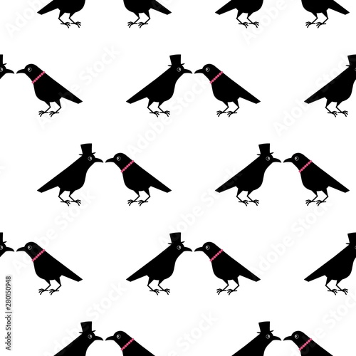 Two funny crows, a gentleman seduces a lady, cartoon Valentine pattern. Cute raven illustration