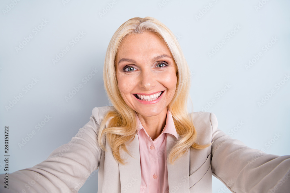 Self-portrait of her she nice-looking attractive lovely charming shine stylish cheerful cheery glad grey-haired lady grandma isolated over light white gray background