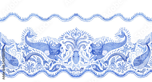 Seamless border pattern of blue hand painted fairy tale sea animals and mermaid. Watercolor fantasy fish, octopus, coral, sea shells, bubbles on a white background. Batik fringe, textile print