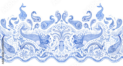 Seamless border pattern of blue hand painted fairy tale sea animals and mermaid. Watercolor fantasy fish, octopus, coral, sea shells, bubbles on a white background. Batik fringe, textile print
