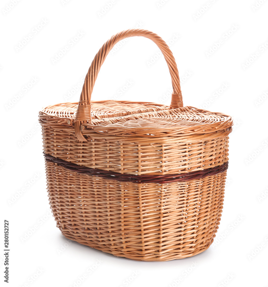 Wicker basket for picnic on white background