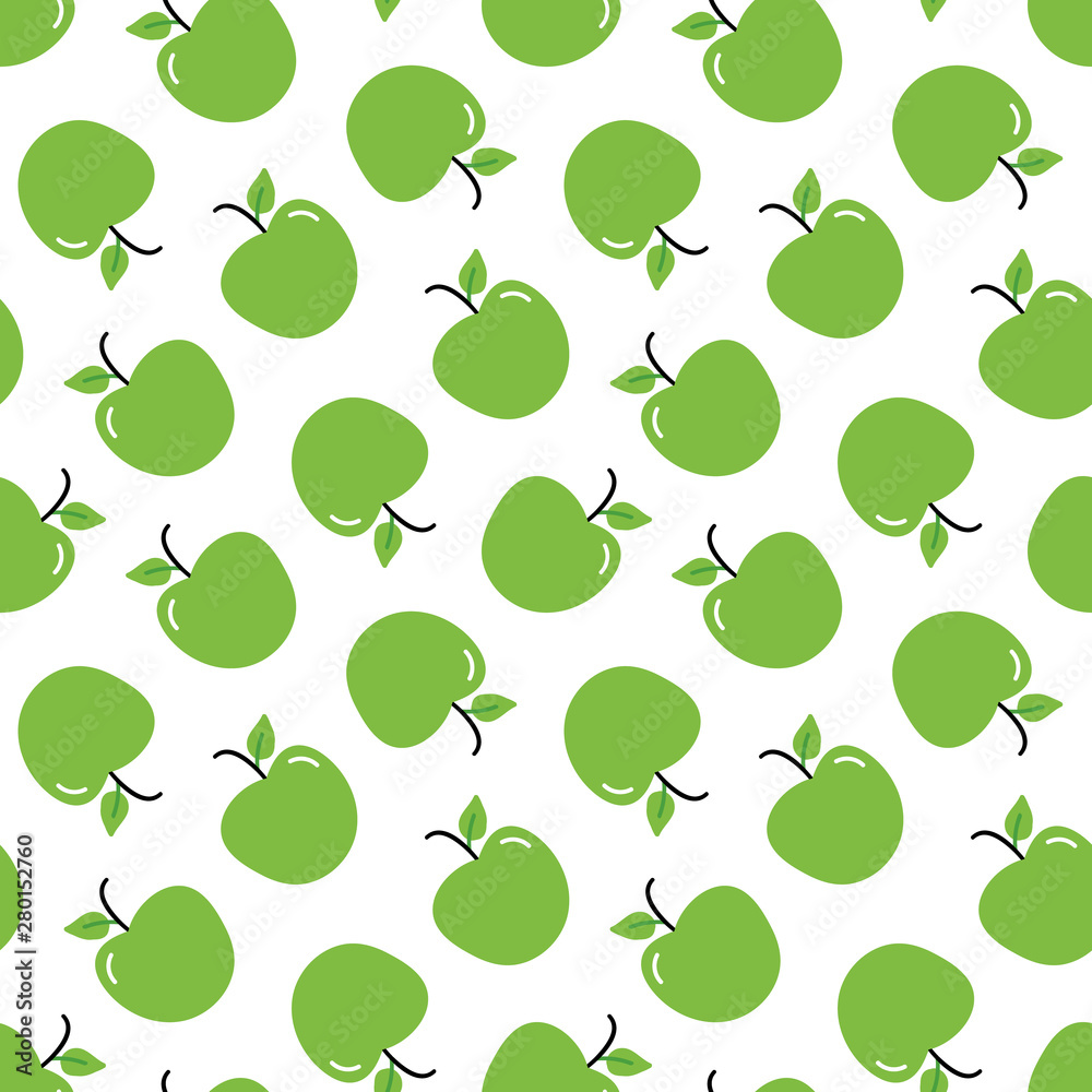 Vector cartoon style seamless pattern background with fresh green apples for vegan and autumn harvest design. Vector cartoon style seamless pattern background with fresh green apples for vegan and autumn harvest design.
