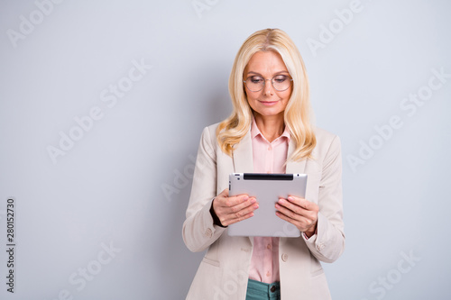 Portrait of her she nice attractive stylish focused concentrated candid wavy-haired lady holding in hands e-book browsing wi-fi isolated over light white gray pastel background
