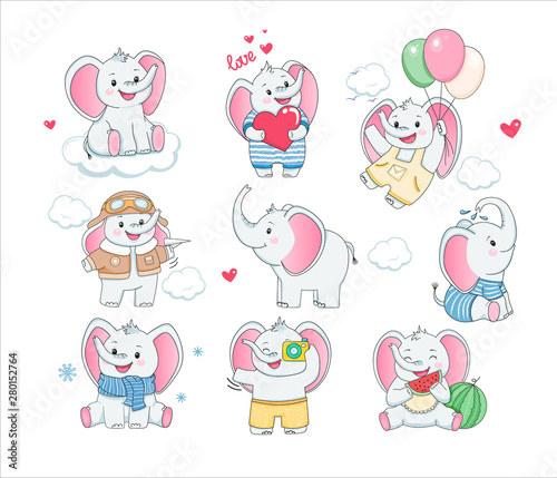 Set of cute grey baby elephants. Children illustration