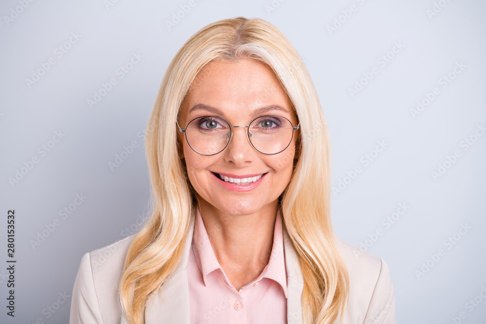 Close-up portrait of her she nice attractive lovely stylish content cheerful cheery wavy-haired lady skilled specialist shark consultant isolated on light white gray pastel background
