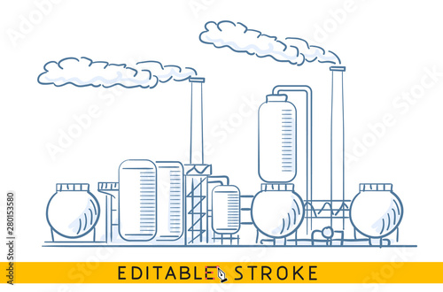 Chemical heavy industry pollution ecology. Line doodle sketch. Editable stroke icon.