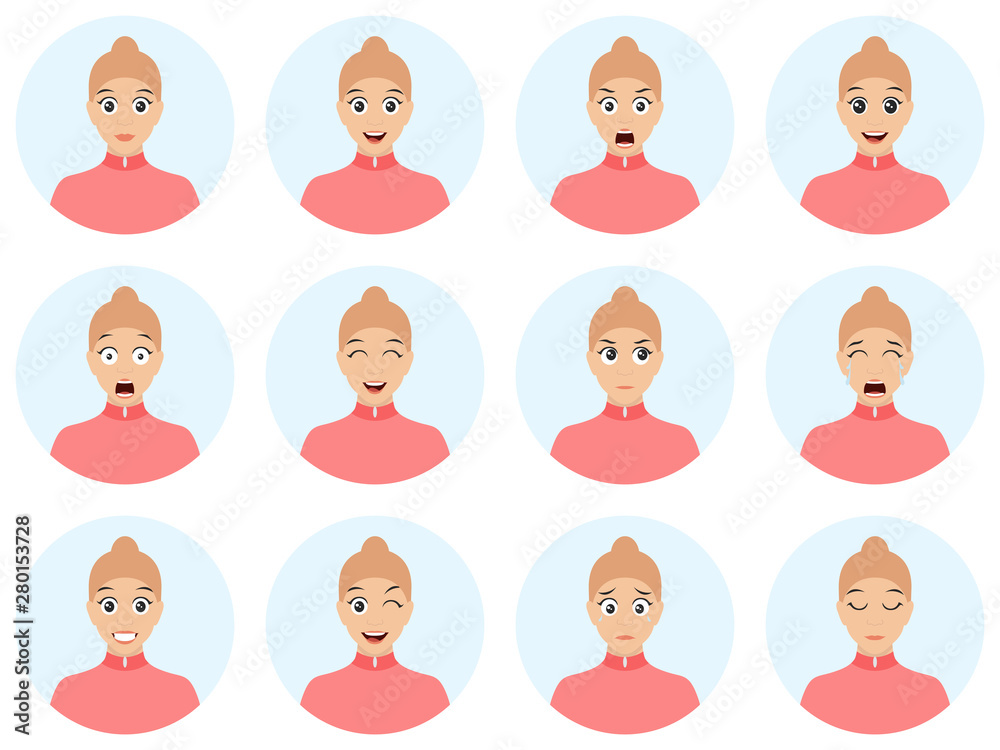 Set of cute girl avatar expressions face emotions. Flat cartoon colorful vector illustration of sexy girl with different facial expressions. Set of cute girl avatar expressions face emotions. Flat cartoon colorful vector illustration of sexy girl with different facial expressions.