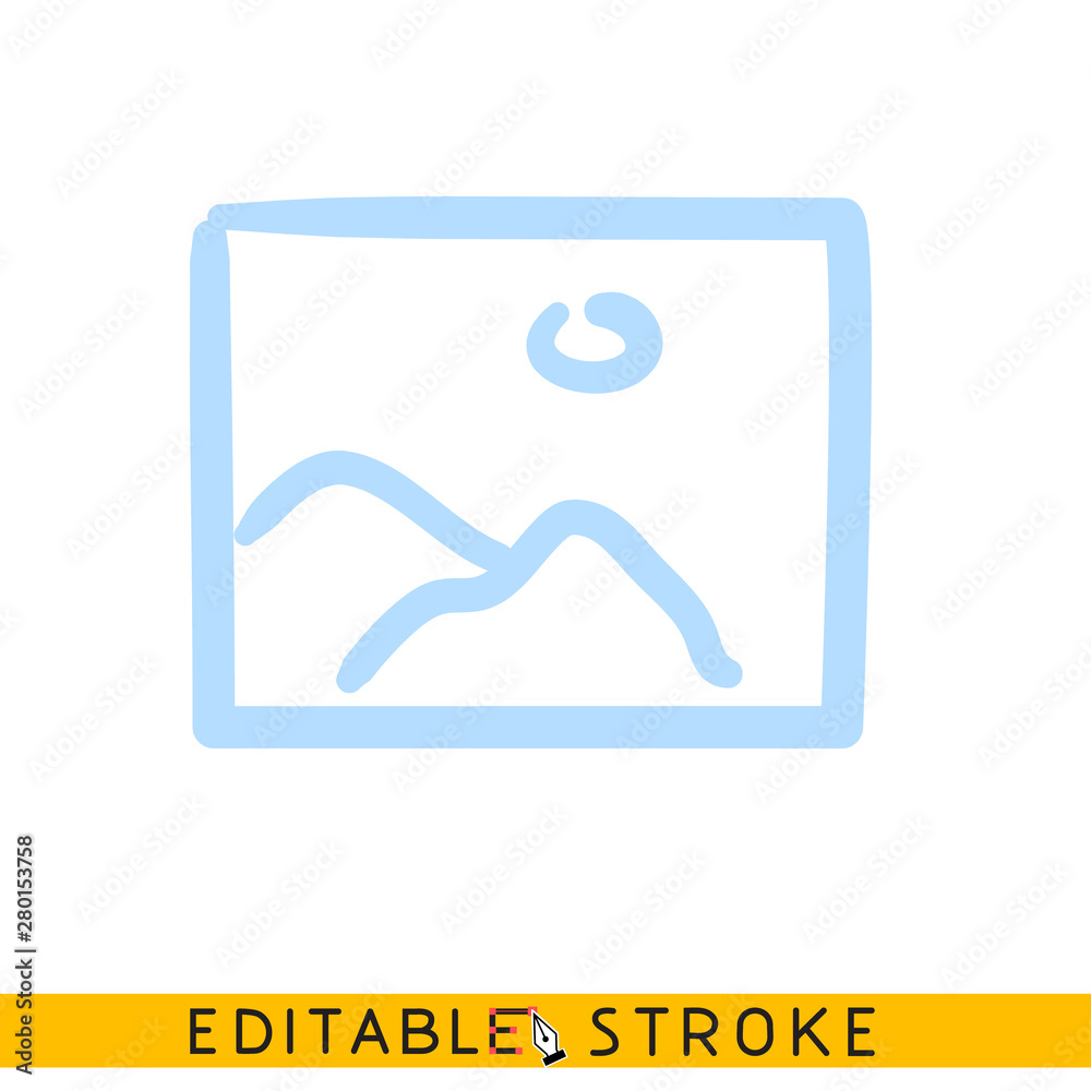 Picture icon. Blue color line doodle sketch. Editable stroke icon.
