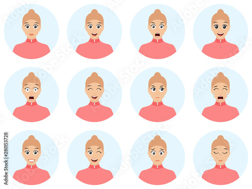 Set of cute girl avatar expressions face emotions. Flat cartoon colorful vector illustration of sexy girl with different facial expressions.