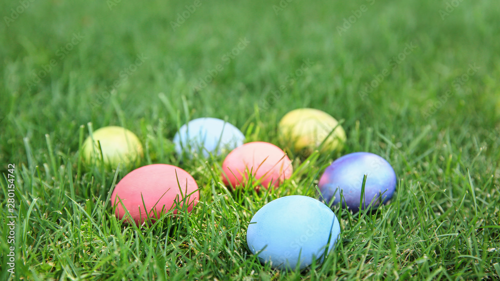 Colorful Easter eggs on grass outdoors