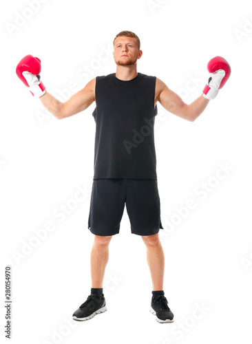 Strong male boxer on white ...