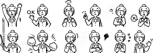 Monochrome Illustration of a job-hunting girl student face and pose set 1