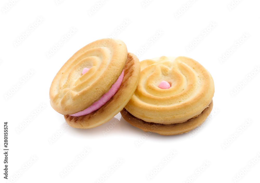 sandwich cookies with strawberry cream on white background