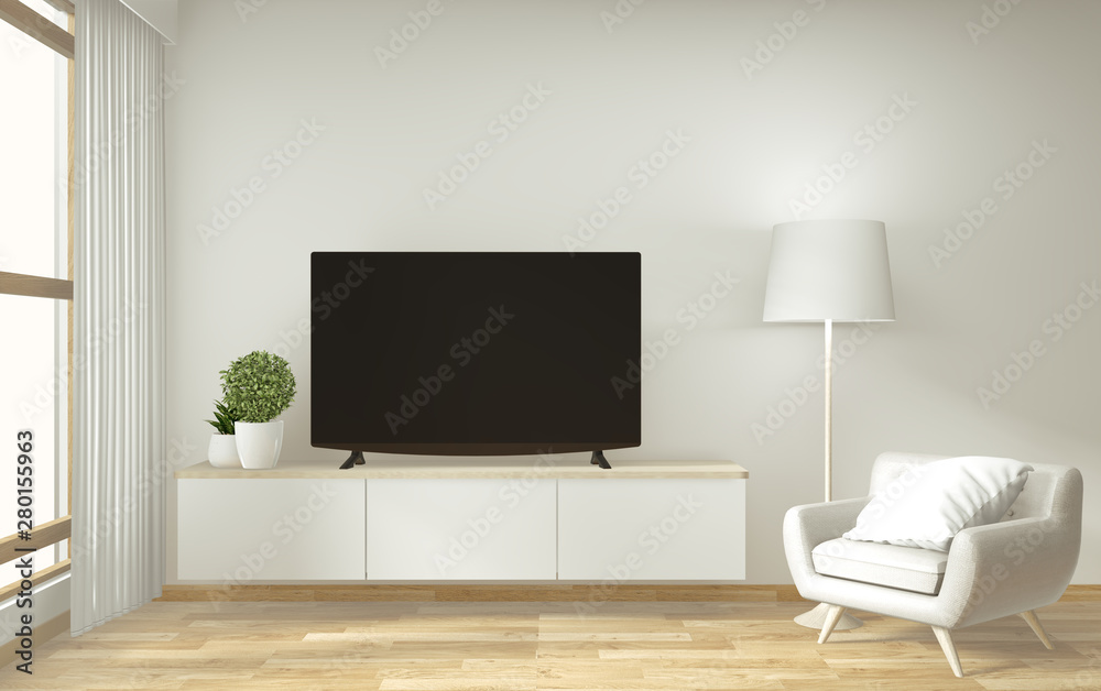 Mock up TV cabinet and display with room minimal design and decoraion japanese style.3d rendering Mock up TV cabinet and display with room minimal design and decoraion japanese style.3d rendering