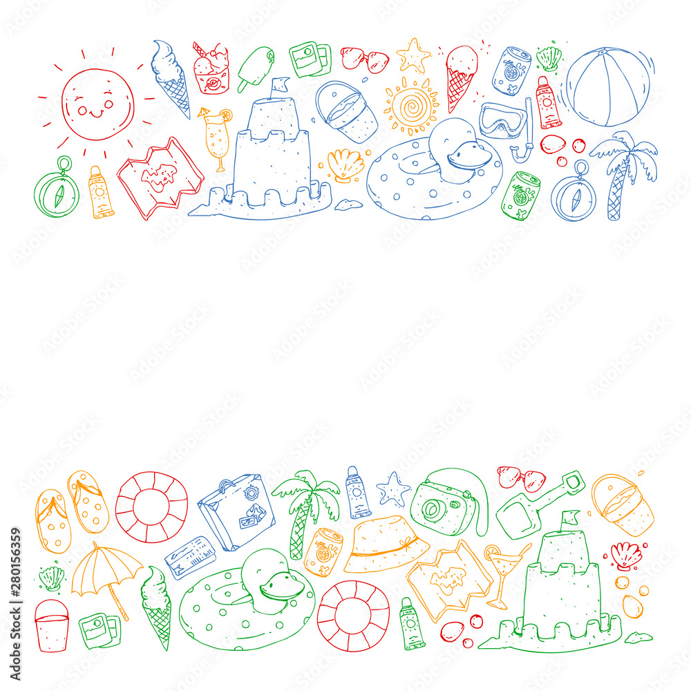 Vector pattern with travel and beach icons.