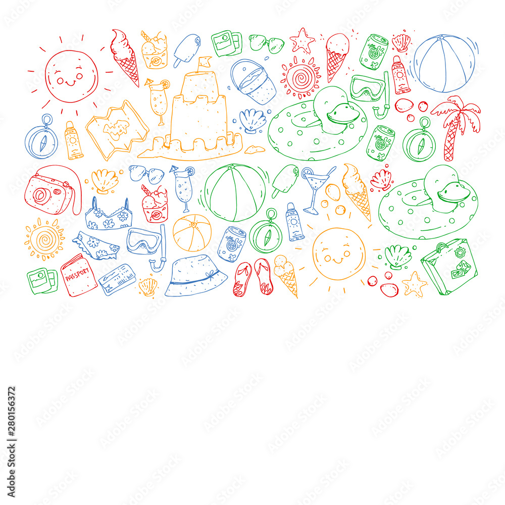 Vector pattern with travel and beach icons.