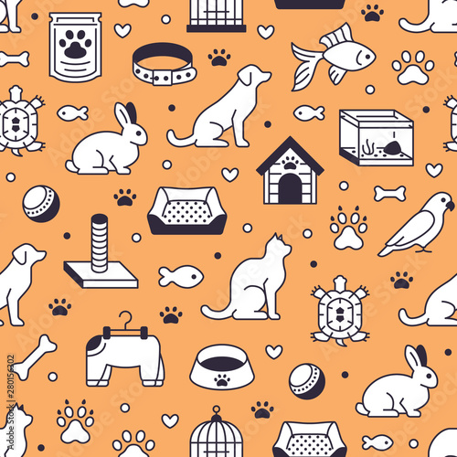 Pet shop vector seamless pattern with flat line icons of dog house, cat food, bird cage, rabbit, fish aquarium, animal paw. Black white orange color background, wallpaper for veterinary clinic