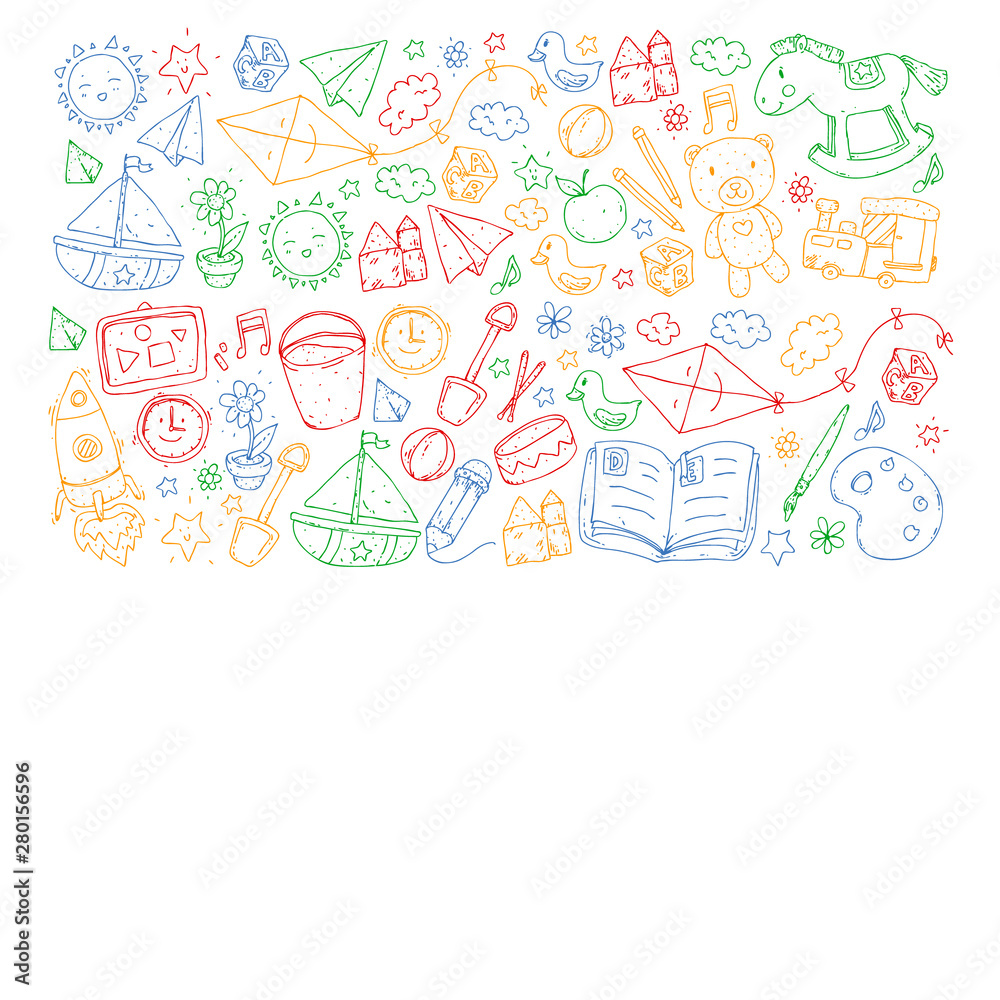 Kindergarten with toys. Pattern for children. Little preschool kids education. Drawing, learning, play Kindergarten with toys. Pattern for children. Little preschool kids education. Drawing, learning, play