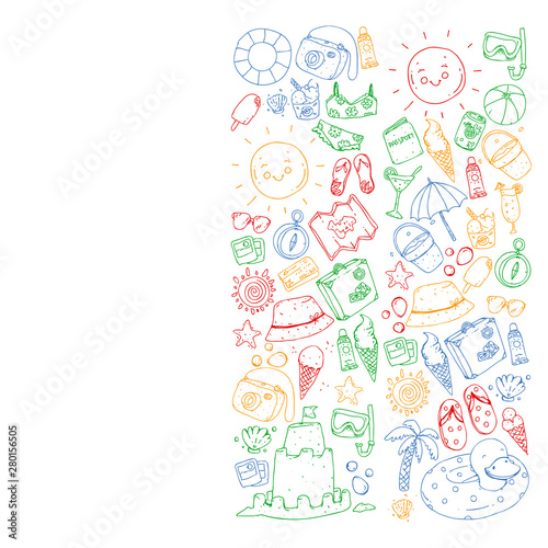 Vector pattern with travel and beach icons.