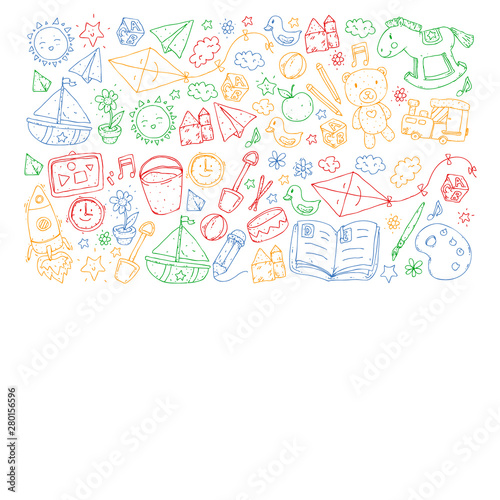 Kindergarten with toys. Pattern for children. Little preschool kids education. Drawing, learning, play