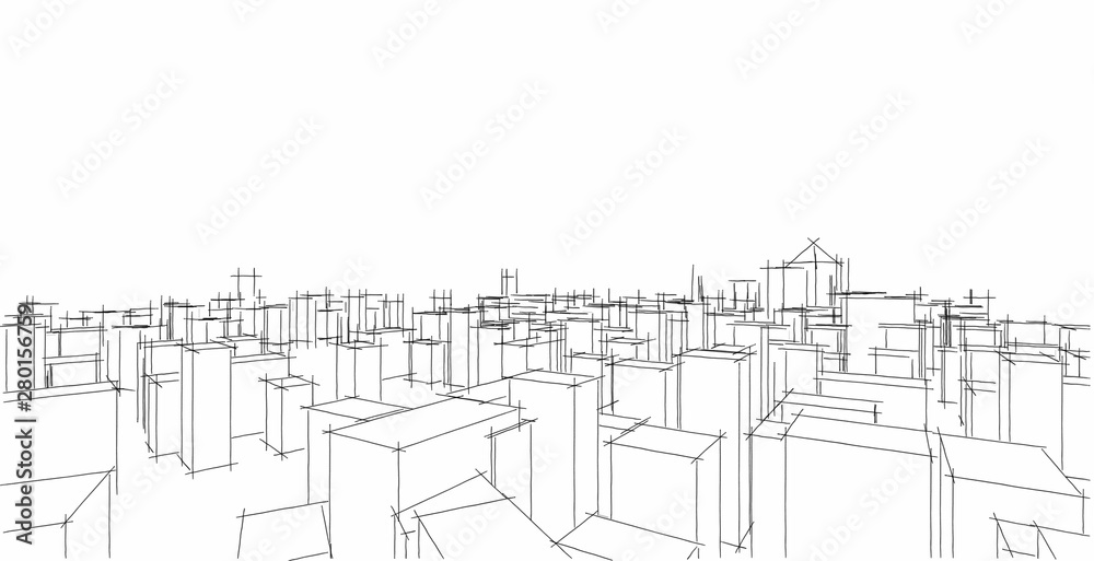 Obraz premium Cityscape modern architecture The scenery of the city, high-rise buildings, lines that show the modern, Sketch style. Illustration.