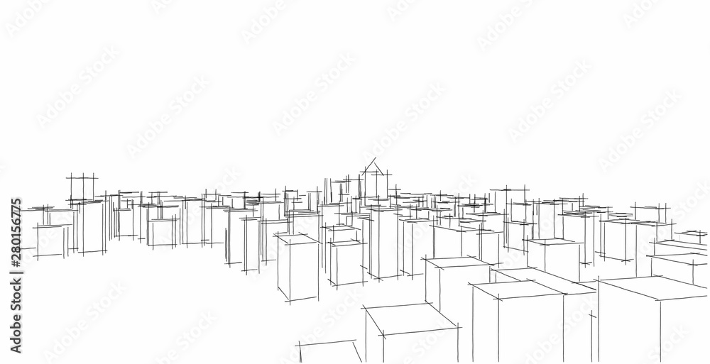 Cityscape modern architecture The scenery of the city, high-rise buildings, lines that show the modern, Sketch style. Illustration.