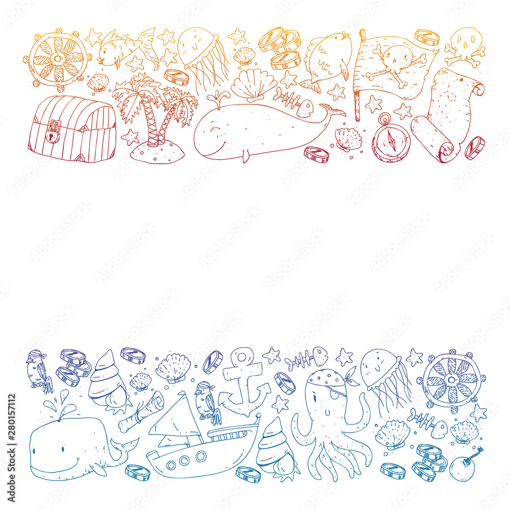 Ocean and sea for children. Pattern for boys. Pirate party. Cute fishes, animals, treasures. Kids vacation pattern, beach toys and elements. Ocean and sea for children. Pattern for boys. Pirate party. Cute fishes, animals, treasures. Kids vacation pattern, beach toys and elements.