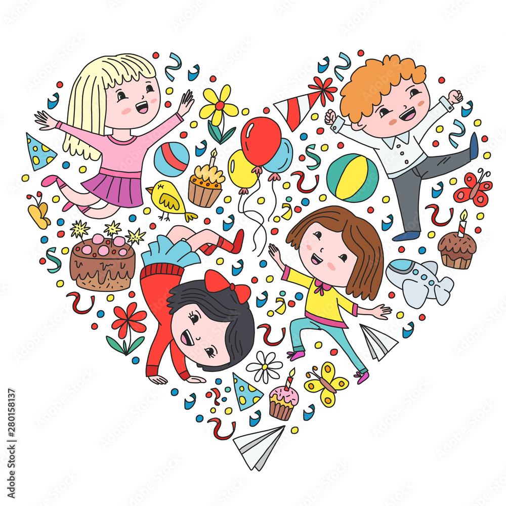 Fototapeta premium Vector illustration in cartoon style, active company of playful preschool kids jumping, at a party, birthday.