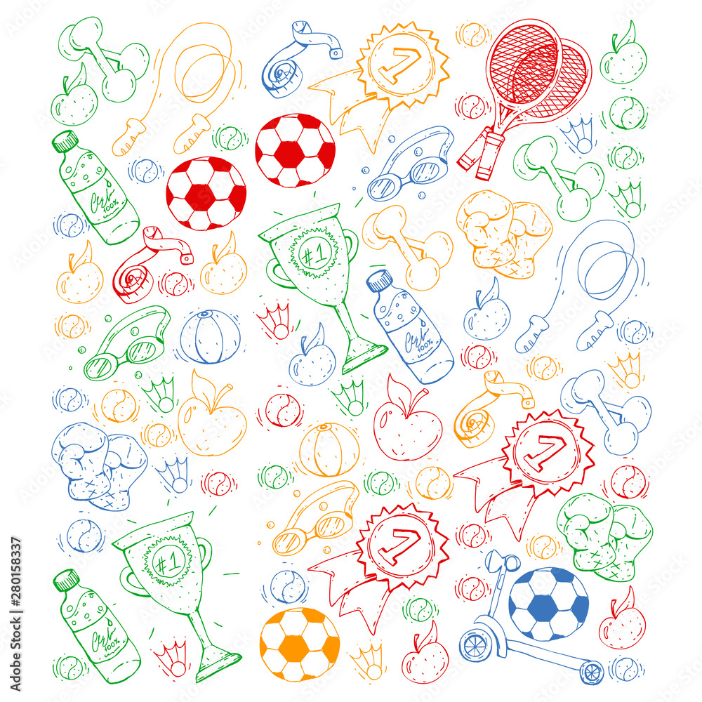 Vector pattern with sport elements. Fitness, games, exercises. Doodle icons  in kids drawing style Stock Vector by ©Helen_F 423980586