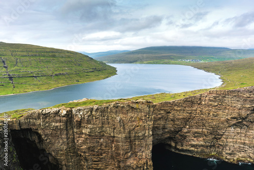 Leitisvatn lake amazing panorama view. Vagar, Faroe Islands.