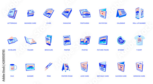 Set of vector printout icons. Brochure, business card, flyer, magazine, postcard, poster, banner, rollup, sticker, mug, folder, other printing shop products. Promotion print advertising materials. 