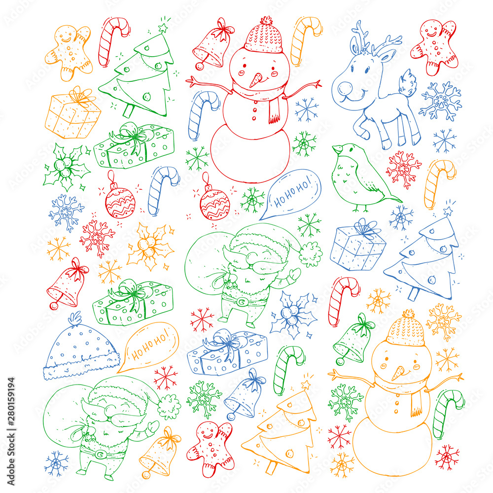 Christmas winter party. Happy new year. Bullfinch, Santa Claus, snowman, deer. Presents and candy. Christmas winter party. Happy new year. Bullfinch, Santa Claus, snowman, deer. Presents and candy.