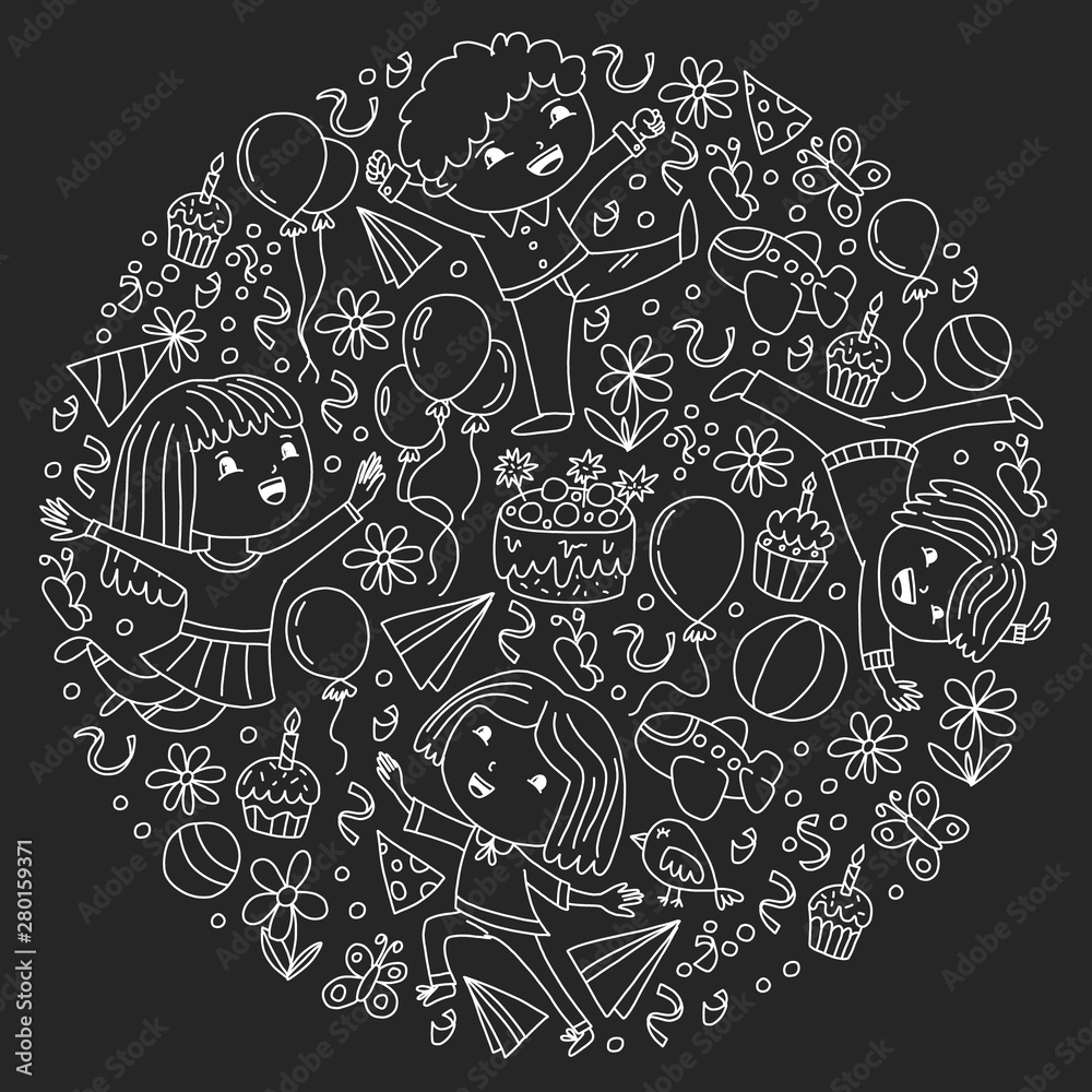 Vector illustration in cartoon style, active company of playful preschool kids jumping, at a party, birthday. Chalk drawing on a school blackboard. Vector illustration in cartoon style, active company of playful preschool kids jumping, at a party, birthday. Chalk drawing on a school blackboard.
