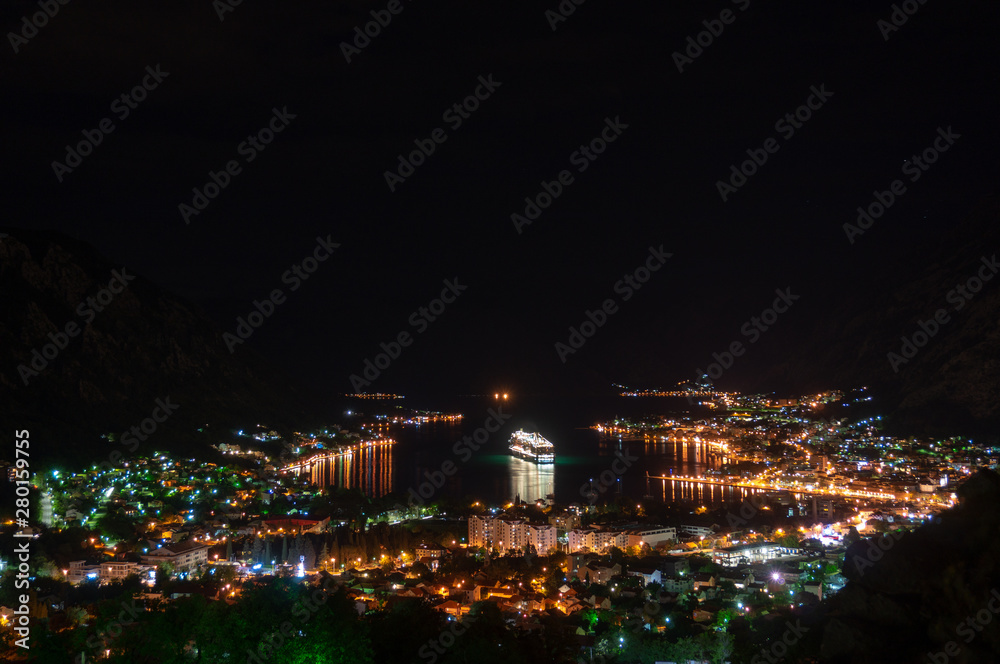 Bay of Kotor at night. View from Mount Lovcen down towards Kotor in Montenegro.