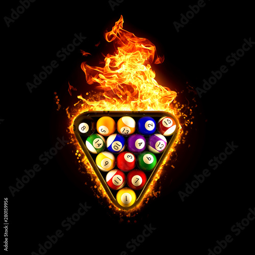 Fotografie Billiards balls in a triangle on fire