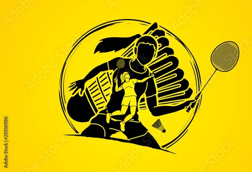 Badminton player action cartoon graphic vector.