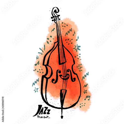 Hand drawn set of music instruments. Ink style vector illustration with watercolor stains on white background.