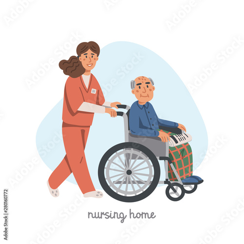 Elderly woman in wheelchair and male nurse on white background. Social worker walking with grandmother in a wheelchair. Nursing home. Senior people flat Vector illustration.