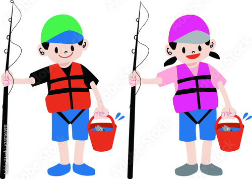 ライフジャケットを着て釣りをする子供のイラスト