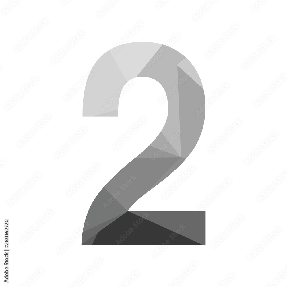 Grey vector polygon two number font with long shadow. Low poly illustration of flat design. Grey vector polygon two number font with long shadow. Low poly illustration of flat design.