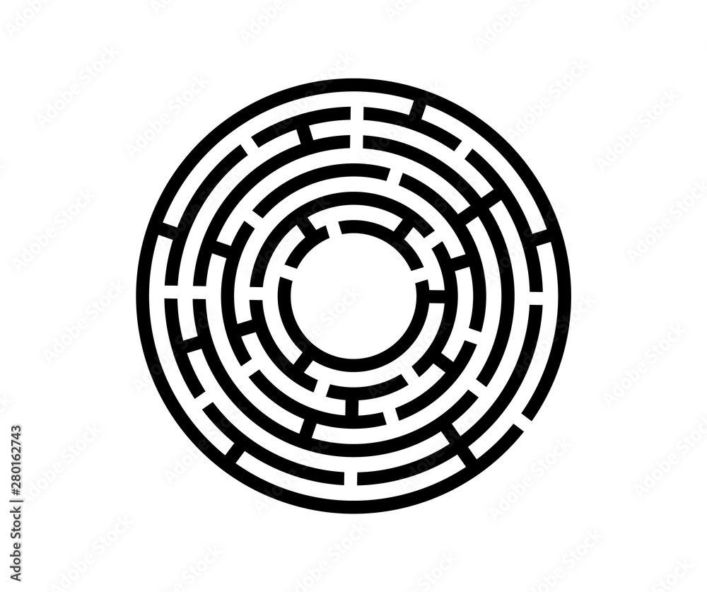 Black vector labyrinth in flat style on an isolated white background. Round maze puzzle. A game for the of logic, intelligence, find the way exit from the circle. Black vector labyrinth in flat style on an isolated white background. Round maze puzzle. A game for the of logic, intelligence, find the way exit from the circle.