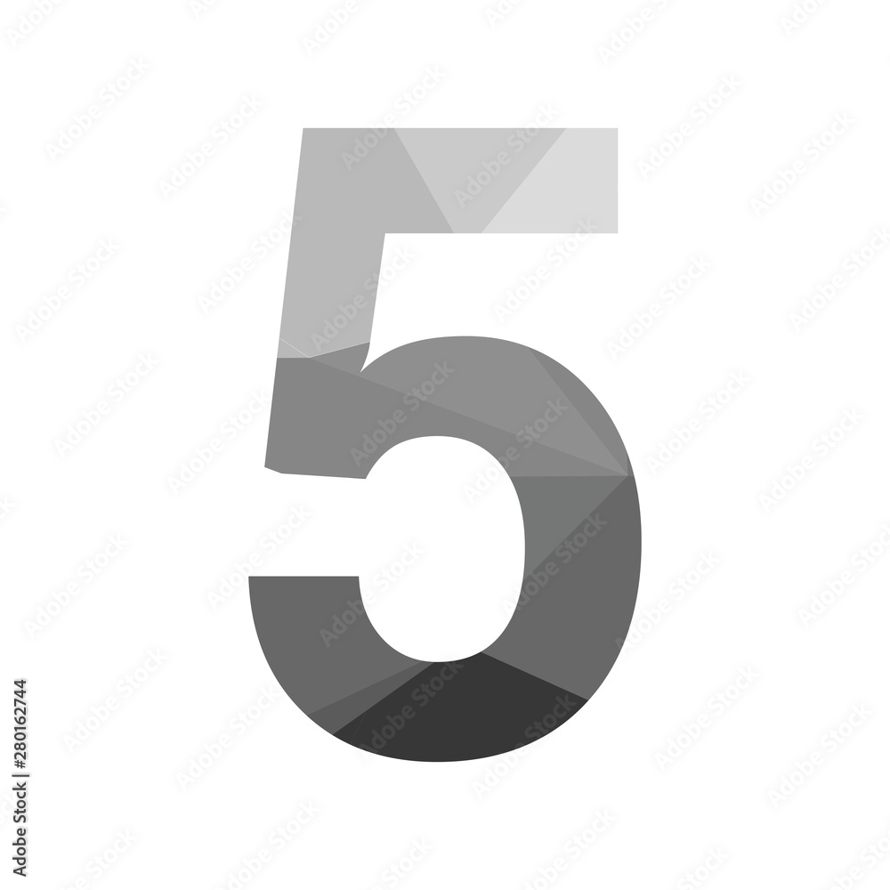 Grey vector polygon five number font with long shadow. Low poly illustration of flat design. Grey vector polygon five number font with long shadow. Low poly illustration of flat design.