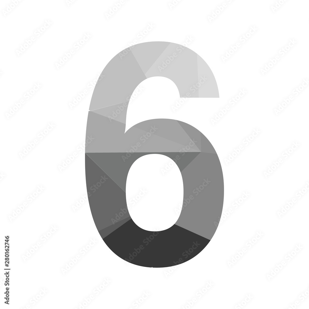 Grey vector polygon six number font with long shadow. Low poly illustration of flat design. Grey vector polygon six number font with long shadow. Low poly illustration of flat design.