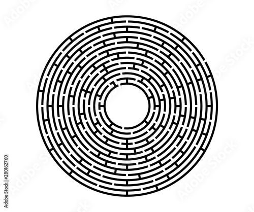 Black vector labyrinth in flat style on an isolated white background. Round maze puzzle. A game for the of logic, intelligence, find the way exit from the circle.