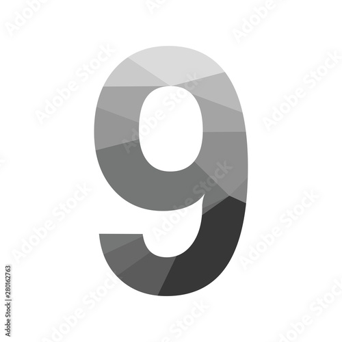 Grey vector polygon nine number font with long shadow.  Low poly illustration of flat design.