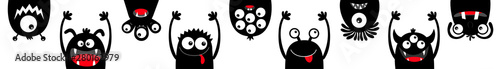 Happy Halloween. Hanging monster black silhouette head face icon set line. Eyes, tongue, tooth fang, hands up. Cute cartoon kawaii scary funny baby character. White background. Flat design.